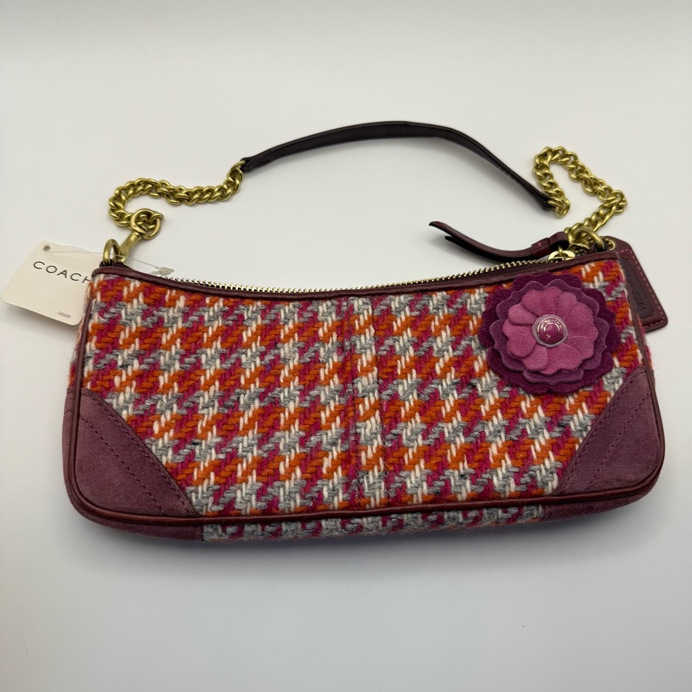 Coach Wool Tweed Wristlet Bag Burgundy Chain Strap Flower NWT Rare Style 8501